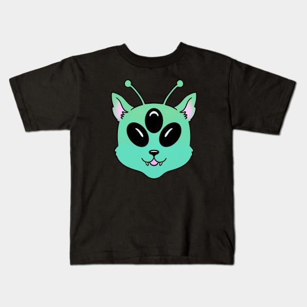 Alien Cat Green Cute Kawaii Animal Kids T-Shirt by Trippycollage